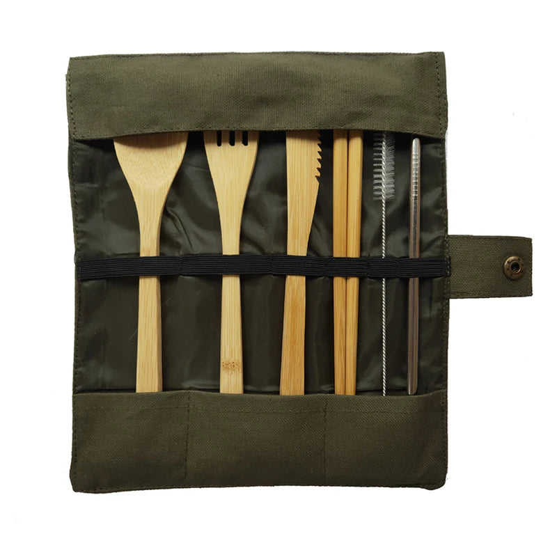 Juego de cubiertos de bambú con bolsa para cubiertos, juego de cubiertos de madera reutilizables, tenedor, cuchara y cuchillo, vajilla de bambú natural, para viajes, ecológico