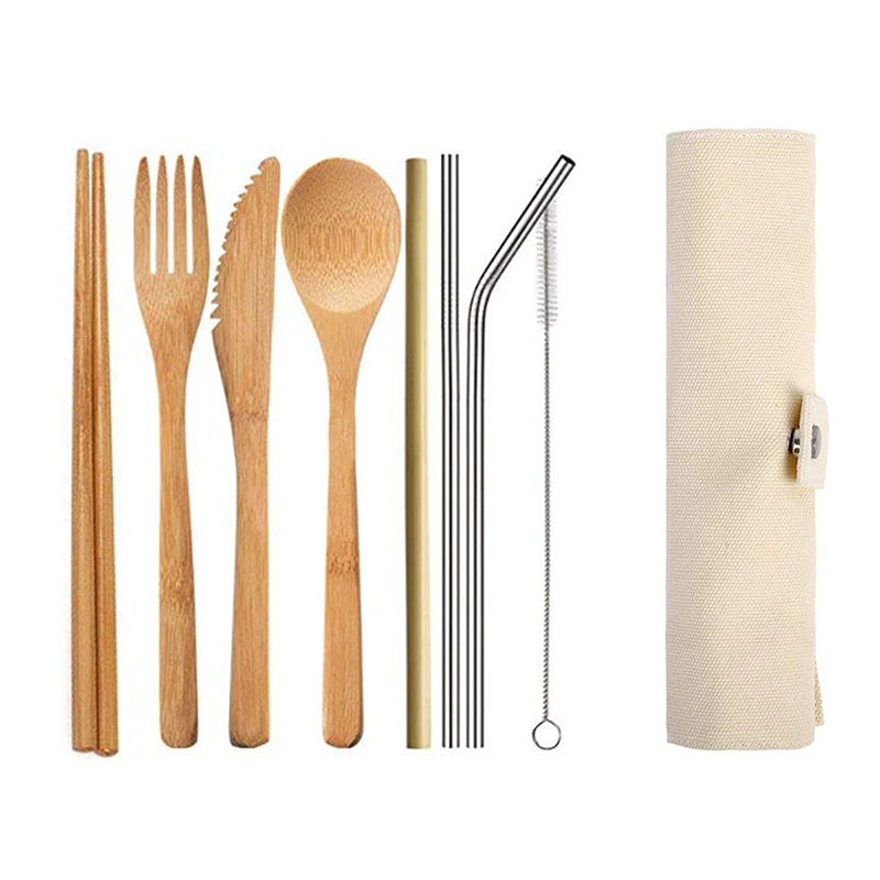 Juego de cubiertos de bambú con bolsa para cubiertos, juego de cubiertos de madera reutilizables, tenedor, cuchara y cuchillo, vajilla de bambú natural, para viajes, ecológico
