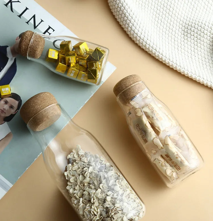 1PC Glass Storage Bottles for Grain Tea Containers with Lid Cork Column Sealed Pot Jar Food Spices Organizer Cans JO 1062