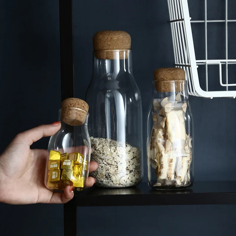1PC Glass Storage Bottles for Grain Tea Containers with Lid Cork Column Sealed Pot Jar Food Spices Organizer Cans JO 1062