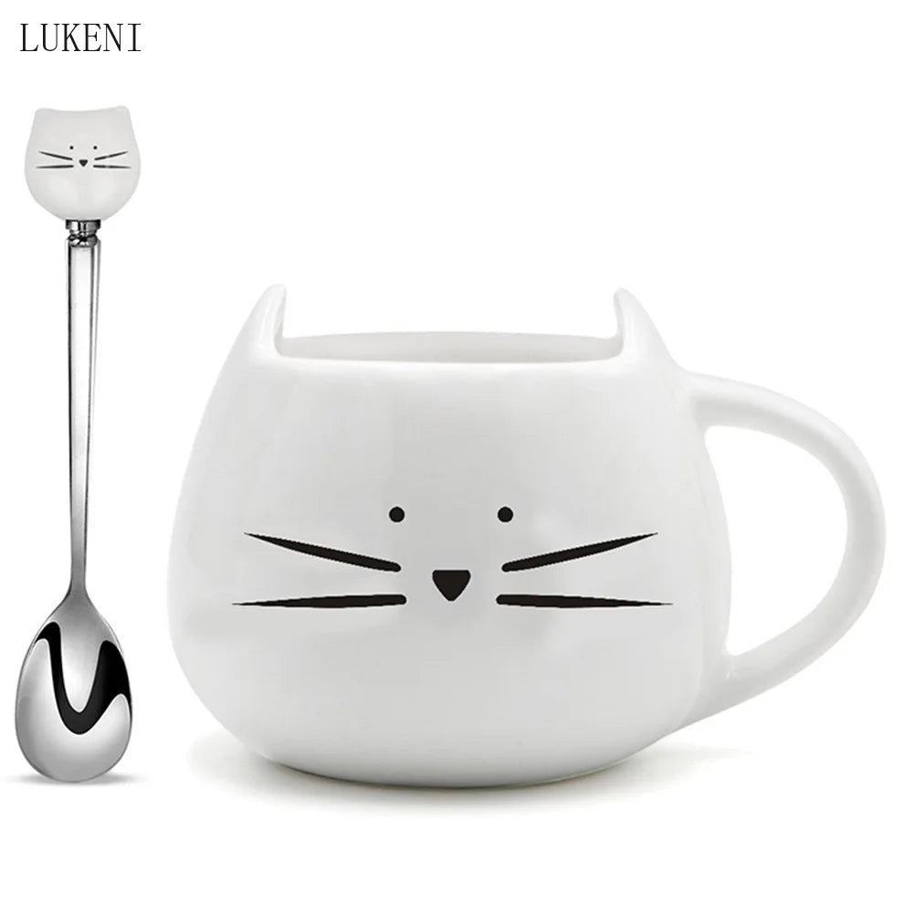 Ceramic Cute Cartoons Cat Mugs 420ml coffee cup Tea Milk Mug  black White With spoon Gift