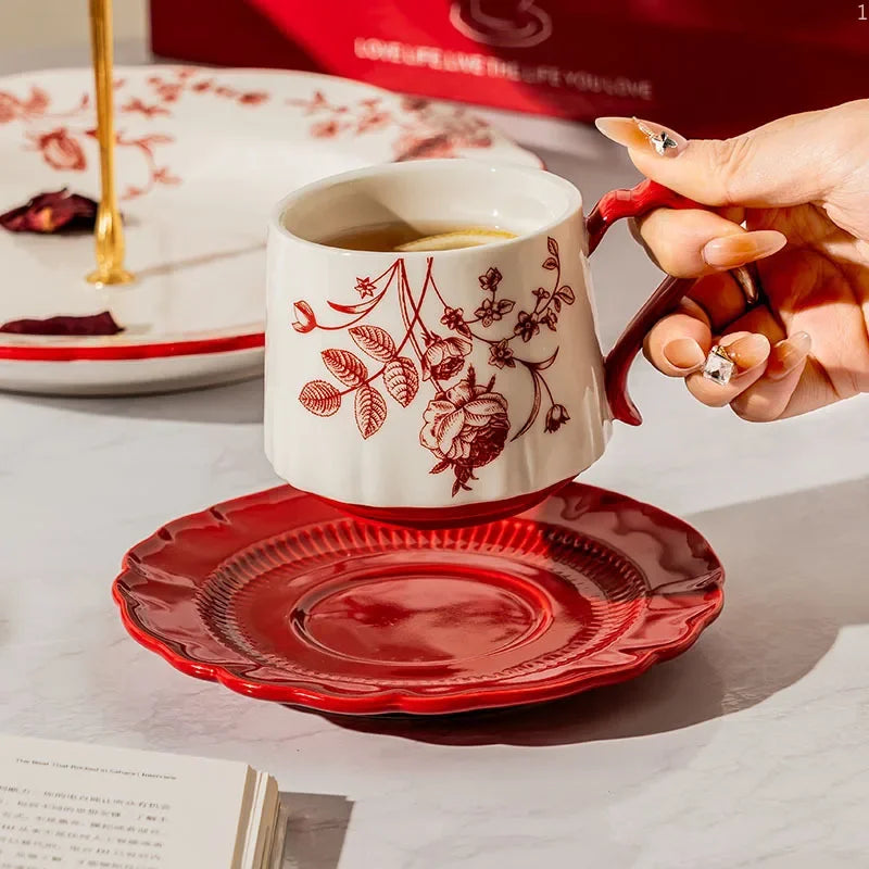 Chinese Sunset Rose Ceramic Coffee Mug with High Aesthetic Value, Accompanied By Gift Cup and Plate Set Gift Box