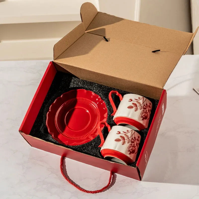 Chinese Sunset Rose Ceramic Coffee Mug with High Aesthetic Value, Accompanied By Gift Cup and Plate Set Gift Box