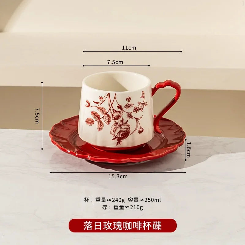 Chinese Sunset Rose Ceramic Coffee Mug with High Aesthetic Value, Accompanied By Gift Cup and Plate Set Gift Box