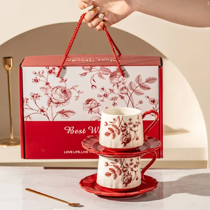 Chinese Sunset Rose Ceramic Coffee Mug with High Aesthetic Value, Accompanied By Gift Cup and Plate Set Gift Box