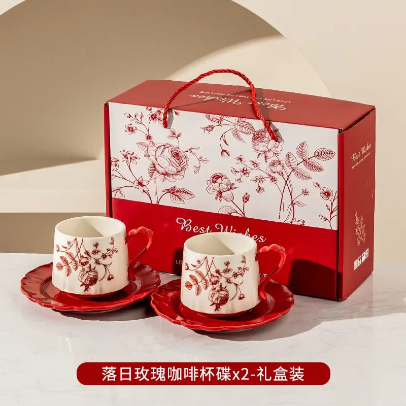 Chinese Sunset Rose Ceramic Coffee Mug with High Aesthetic Value, Accompanied By Gift Cup and Plate Set Gift Box