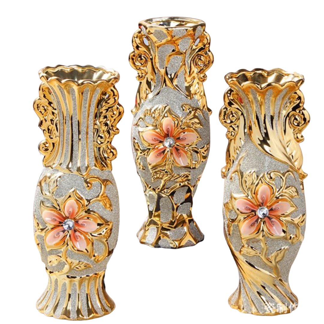 Jarrón de porcelana bañado en oro con forma de lirio 